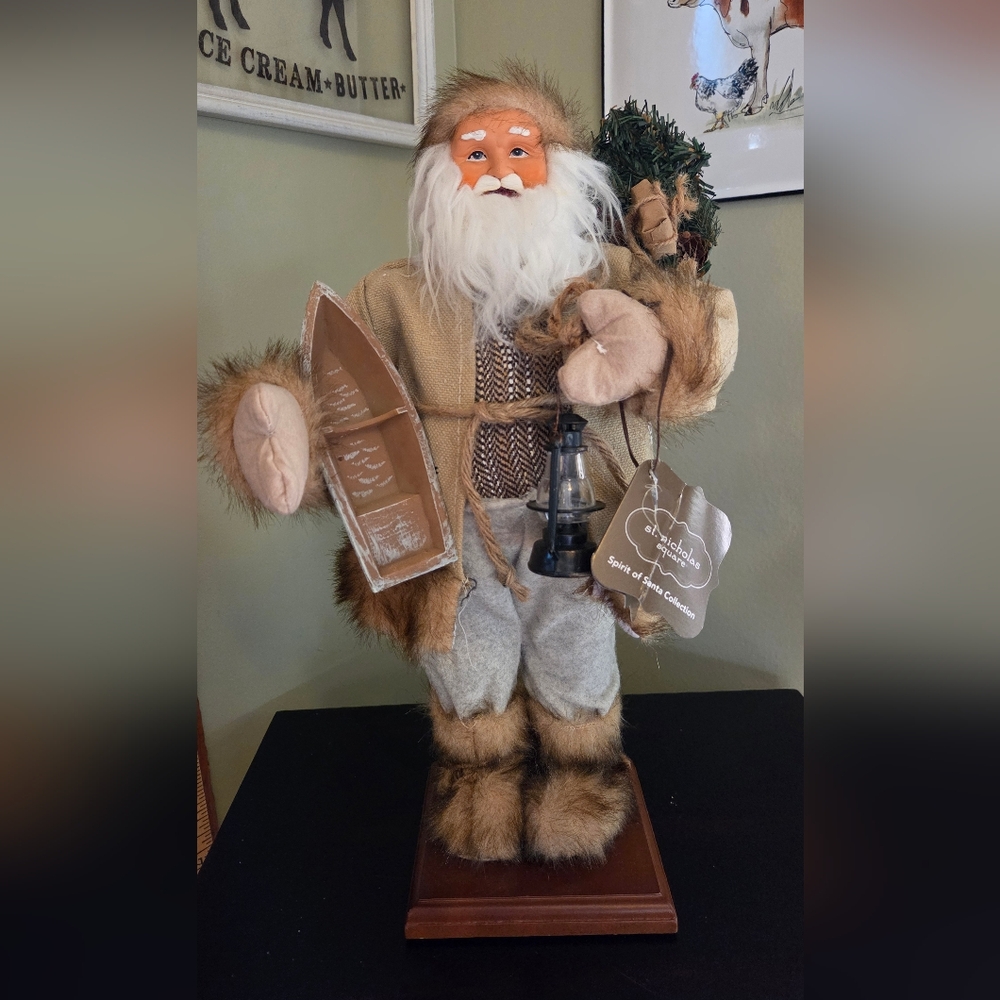 Lodge Santa Figurine 18" Rustic Cabin w/ Boat Lantern Snowshoes St Nicholas